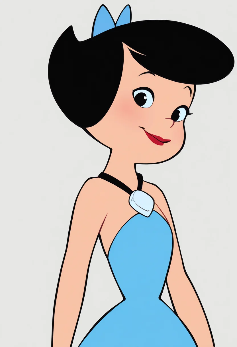 masterpiece, best quality, very aesthetic, absurdres,
1girl, betty, black hair, hair bow, short hair, black eyes,
red lipstick,
blue dress, strapless, bow, strapless dress,
upper body,
closed mouth,
smile, looking at viewer, solo, simple background, white background, <lora:BettyRubbleNoobXL_byKonan:1>
