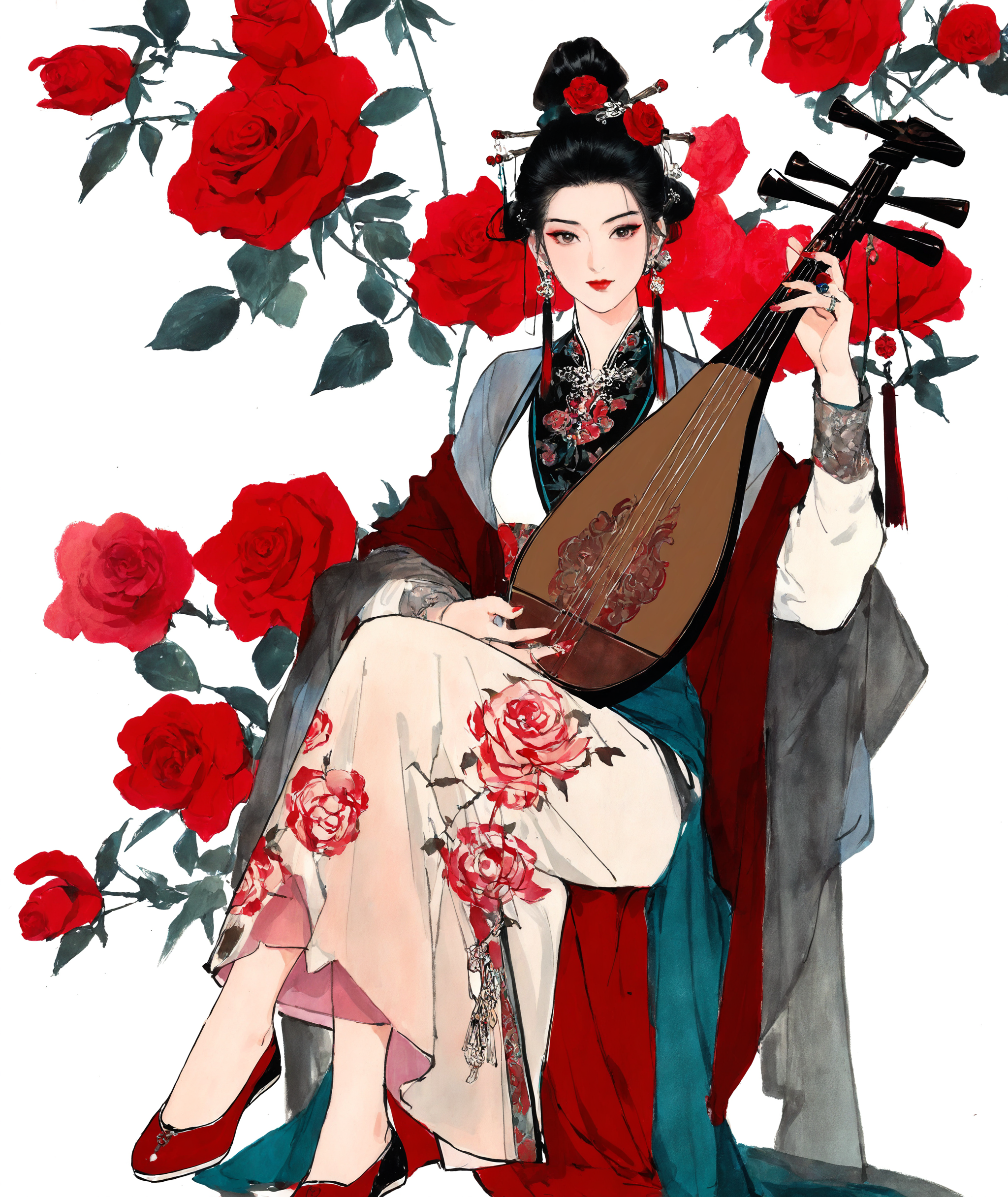 1girl, solo, looking at viewer, black hair, long sleeves, hair ornament, white background, dress, holding, closed mouth, jewelry, sitting, brown eyes, full body, flower, earrings, shoes, hand up, hair flower, hair bun, black eyes, see-through, makeup, rose, chinese clothes, floral print, ring, crossed legs, single hair bun, red flower, tassel, red footwear, lipstick, instrument, red nails, hand fan, red rose, shawl, red lips, hair stick,holding instrument, invisible chair, tassel earrings, single shoe, updo, flats, lute \(instrument\), 
traditional media,
<lora:freehandink_NOOB1.0_V-PRED:1>
masterpiece, best quality, newest, absurdres, highres