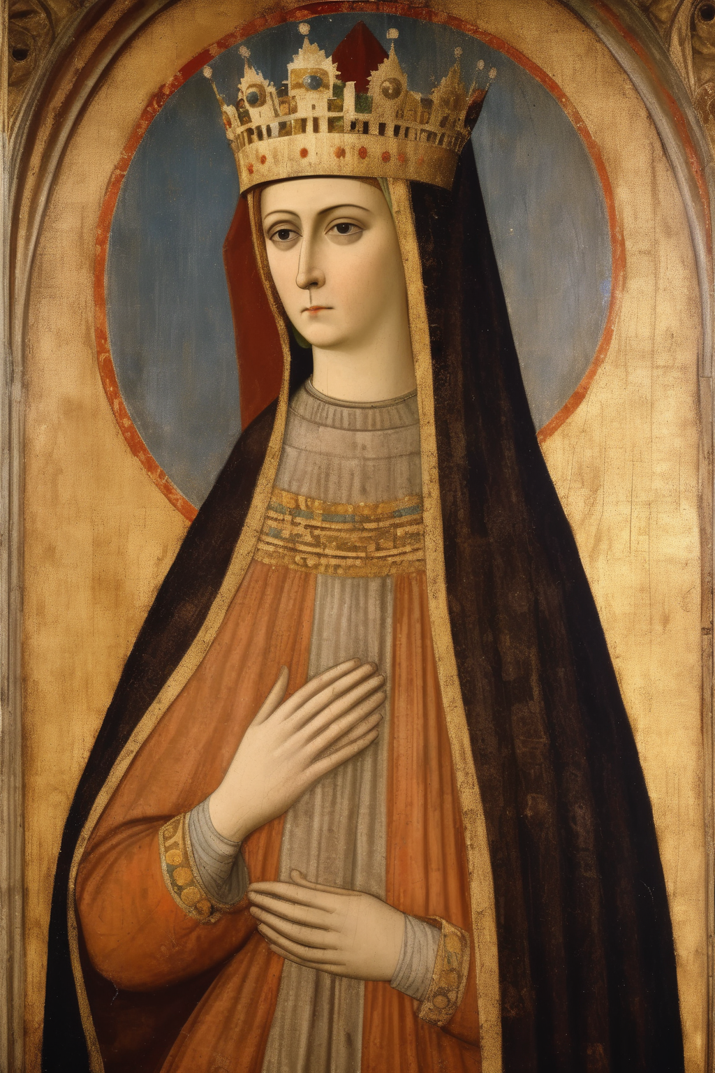<lora:Simone Martini Style:1>Simone Martini Style - portrait of serene frankish 4th century queen saint Clotilde in the style of Cimabue
