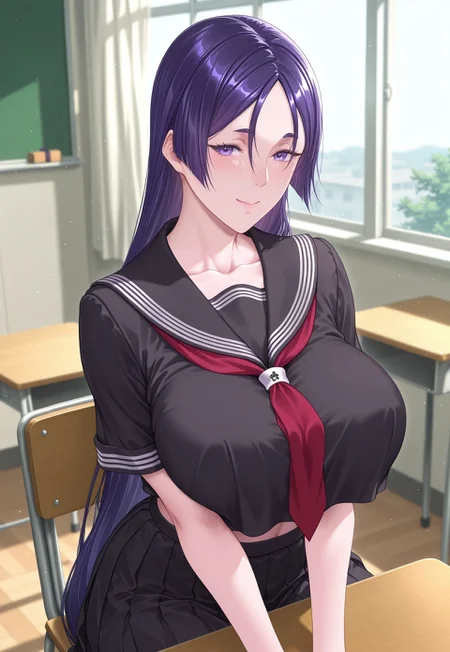 ZCC, masterpiece, absurdres, newest, best quality, perfect quality, absolutely eye-catching, cowboy shot, dutch angle BREAK
1girl, solo, Minamoto No Raikou (Fate), long hair, purple hair, bangs, purple eyes, black serafuku, school uniform, sailor collar, neckerchief, red tie, black crop top, short sleeves, pleated skirt, black skirt BREAK
indoors, classroom, window, table, chair, sitting