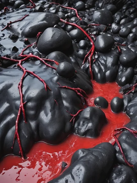 wrnoultx, a sticky black rubber (mountain:1.3) slime landscape fog stuck to a dense latex soup of rubber rocks and and red latex twigs, deep shadows, <lora:- SDXL - wrnoultx_rubber_coating_V1.0:.8> <lora:- SDXL - n-eeyblch_eye_bleach_V1.0:-0.5> n-eeyblch
