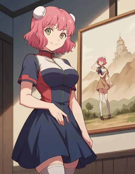 score_9, score_8_up, score_7_up, source_anime, <lora:aries-spring-s1-ponyxl-lora-nochekaiser:1>, aries spring, short hair, green eyes, pink hair, hair bun, double bun, large breasts,, thighhighs, dress, short sleeves, white thighhighs, zettai ryouiki,, museum, art exhibit, paintings, observing, quiet contemplation, cultural experience, smile, looking at viewer, solo,, cowboy shot, dutch angle