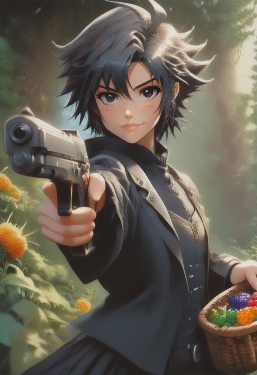 (zPDXL2), score_9, score_8_up, score_7_up, score_6_up, source_anime, <lora:Worldly_XL:1> volumetric lighting, warm colors, motion effects, best quality, wallpaper art, looking at viewer, woods, berries, flowers, insects
1girl, solo, 18 year old, (right pistol:1.5), Little Red Riding Hood on a path in the woods, (holding basket with berries in left arm:1.5), delicate and smooth skin, cleavage, shy smile, eyes open, low cut, 
<lora:KikuchiMakoto_pony_v1:0.9> kkcmkt, short hair, black hair, antenna hair, hair between eyes, black eyes, flat chest,  small breasts, <lora:plrd-pistol:1.20>
Expressiveh,  <lora:c0l0urc0r3XLP2:0.40> c0l0urc0r3, cute, bright colours, candy, <lora:RELSM_v1:0.90> <lora:[GP] somethingweirdv1 [Pony XL]:0.20>