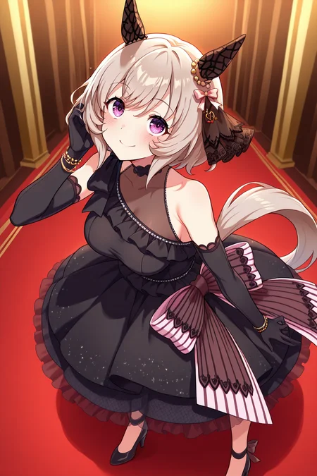 masterpiece,best quality,very aesthetic,absurdres,highres,newest,official art,official style,
uncensored,
1girl,solo,
crc wedding,curren chan (umamusume),
animal ears,blush,dress,elbow gloves,gloves,grey hair,hair ornament,
horse ears,horse tail,ribbon,short hair,tail,wedding dress,black dress,black gloves,long dress,
bow,ear covers,ear ornament,horse girl,official alternate costume,
purple eyes,detached sleeves,bare shoulders,black footwear,dress bow,
frilled dress,frills,high heels,see-through,see-through cleavage,see-through dress,
sleeveless,sleeveless dress,black choker,bracelet,choker,bangs,violet eyes,
eye_focus,<lora:eye_focus:1>,
<lora:umamusume_curren_chan_ill_v1.0:1>,