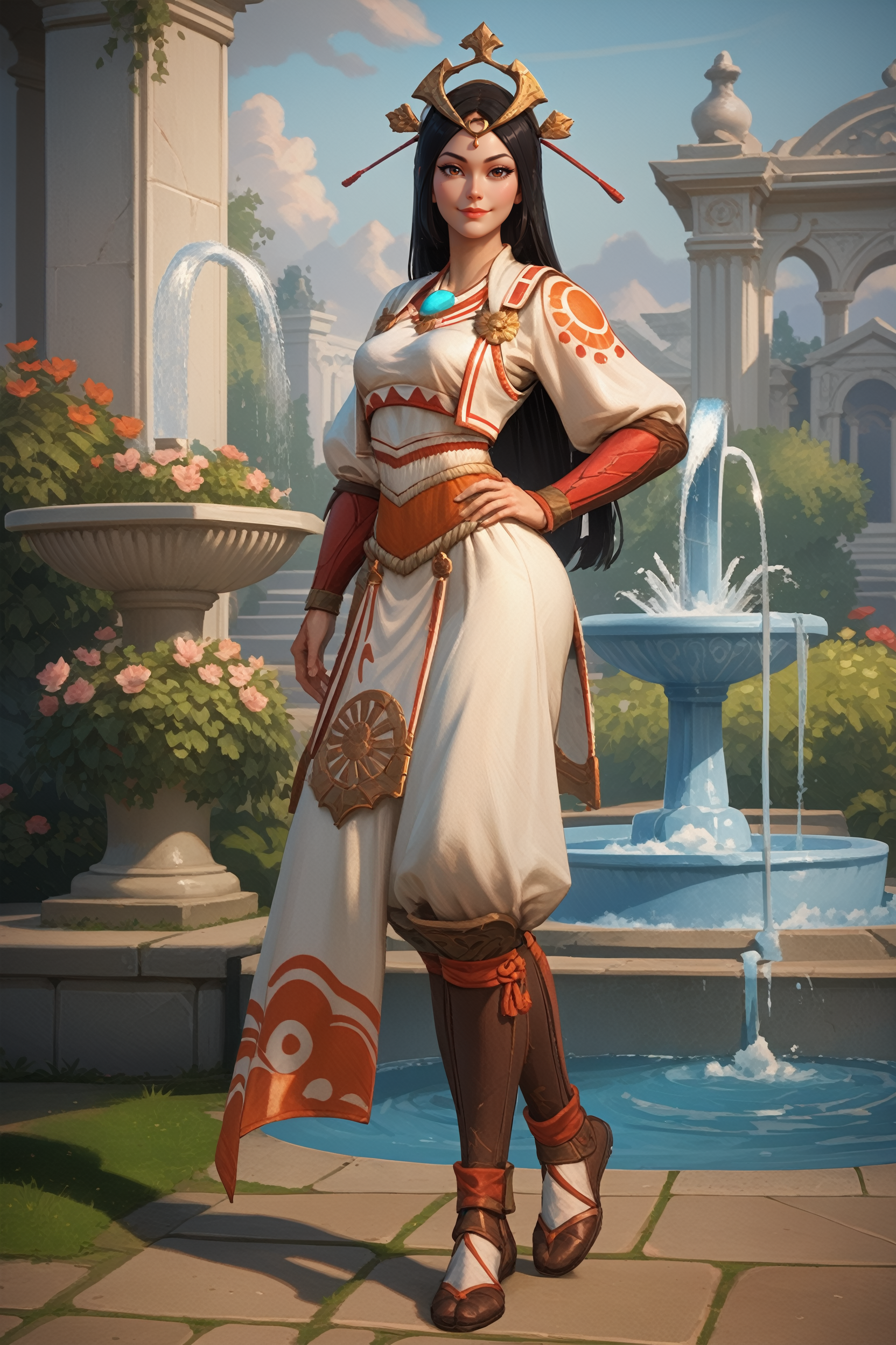 score_9, score_8_up, score_7_up, score_6_up
<lora:SAmaterasu:0.8>
SAmaterasu, 1girl, black hair, long hair, brown eyes, headpiece, looking at viewer, full body, hand on hip, smug, happy, fountain, blue sky