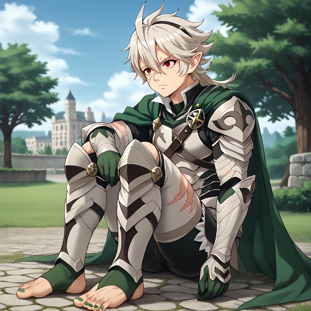 masterpiece, best quality, sharp aliasing, highly detailed, 1male, male body, male,EPfeCorrin, dark green cape, armour, dark green gloves, black pants, wearing pants, outdoors, evening, stone ground, tree, bush, buildings, windy, barefoot, toeless legwear, armoured legwear, armoured arms, shin armour, leg armour, leg and shin armour, shin guards, stirrup legwear, dark green stirrups, 5 toes, Quality, High Definition, Full body view, solo, slimes_sanemi, scar, scars, scar on face, scar on chest, scar on forehead, white hair, muscular, red eyes, slit eyes, pointy ears, sitting, green sword, green toenails, dirty feet, side view, grumpy expression