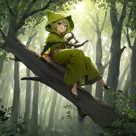1girl, Hoodwink <lora:Hoodwink:1>, in the woods, sitting on a tree branch, best quality