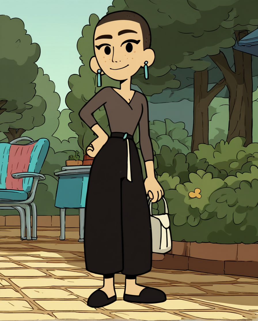 <lora:KatCOTCpony:0.85> kat, earrings, solo, shirt, 1girl, very short hair, brown hair, smile, black eyes, long sleeves, pants,shoes,outdoors, score_9, score_8_up, score_7_up, score_6_up, score_5_up, score_4_up, looking at viewer, hand on own hip, cowboy shot,park,