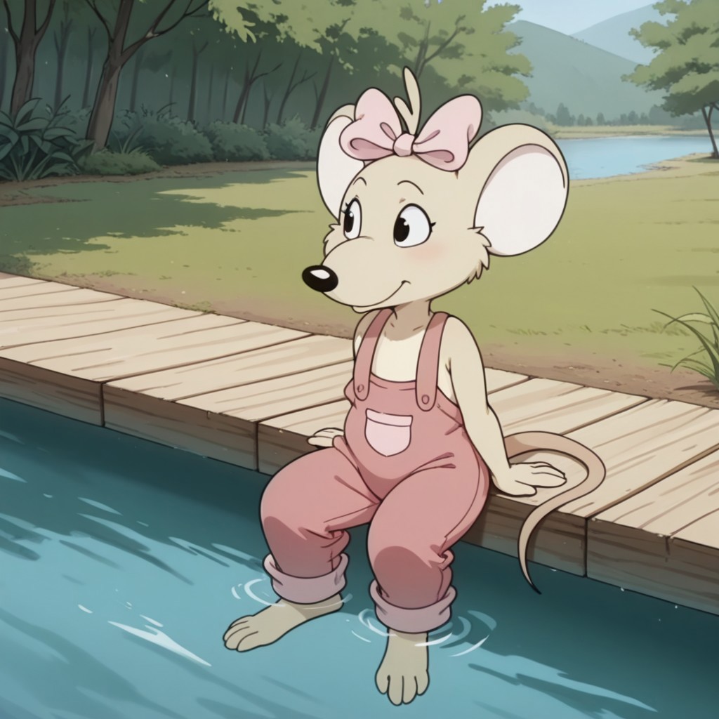 masterpiece, best quality, amazing quality, Marciabbil, semi-anthro, female, Marsupial Mouse, tan fur, black eyes, pink overalls, pink bow, hair bow, outside, sitting, by a pond, feet in water, solo