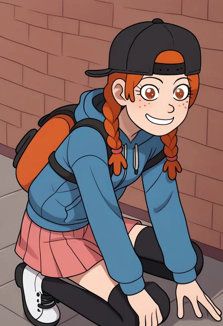 AmphiMaggie, orange hair, braid, twin braids, freckles, 1girl, solo, smile, baseball cap, backwards hat, long sleeves, pink skirt, pleated skirt, blue hoodie, hood down, backpack, black thighhighs, white footwear,