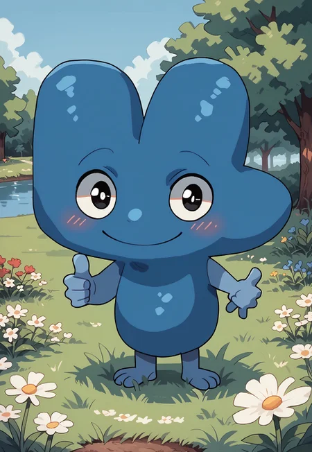score_9_up, score_8_up, score_7_up, score_6_up, (detailed art style, shiny skin, detailed eyes)
(Battle_For_Dream_Island), four_(bfb), 1boy, ((solo male)), ((solo focus)), alien, algebralien, blue skin, blue body, big eyes, black eyes, blush, smile, thumbs up, (detailed scenery, detailed background : 1.1), outside, afternoon, verdant park, marsh, (verdant greenery, trees, lush bushes, grass, grassy lawn, wildflowers, water, lake)