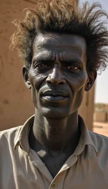 photograph, hard light, HDR, 50mm, Grotesque Sudanese Guy, his hair is Basic, Cinestill