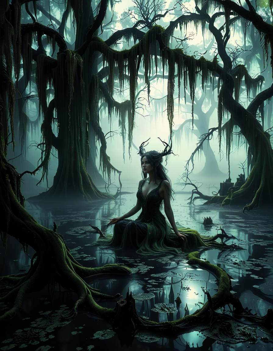 A demonic fairy woman sitting gracefully in an ominous swamp,0m1n0us sw4mp. She has a hauntingly beautiful appearance, with translucent, tattered wings resembling those of an insect, glowing faintly in a dark, eerie hue. Her skin is pale with subtle, intricate patterns like magical runes etched into it, and her eyes glow with an unsettling red or violet light. She wears an ethereal, dark gown made of shredded, otherworldly fabric that appears to flow like smoke, blending with the mist of the swamp. Her hair is long, wild, and black with streaks of silvery white, floating slightly as if affected by unseen magical energy.
The swamp around her is dark and foreboding, with twisted, gnarled trees reaching out like claws. The water is murky, reflecting a pale, sickly green glow from bioluminescent plants and fungi scattered throughout. The air is filled with a faint, ghostly mist, and strange, faint lights hover in the background, adding a mystical atmosphere. The lighting is dim, with a soft, ethereal glow illuminating the fairy woman from below, contrasting with the deep shadows of the swamp. The mood is dark, mysterious, and magical, evoking both beauty and menace.<lora:SDXLFaeTastic2400:0.4> <lora:extremely_detailed:0.4> extremely detailed, <lora:0m1n0us_sw4mp:1>, Masterpiece,best quality,hi res,8k,hi res,8k,award winning,(sharp focus, intricate, highly detailed),