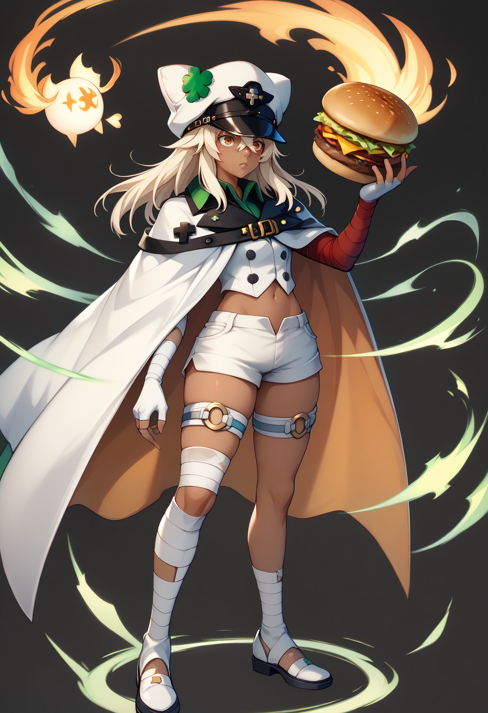 score_9, score_8_up, score_7_up BREAK striveramlethal, dark skin, orange eyes, hat, four-leaf clover, cape, white shirt, white gloves, fingerless gloves, thick thighs, white shorts, thigh strap, bandages, bandaged arm, bandaged leg, midriff, fehspc, full body, standing, black background,burger magic,energy,aura<lora:feh-style-richy-v1_pdxl:1>  <lora:guiltygear_strive_ramlethal_ponyXL:0.8>