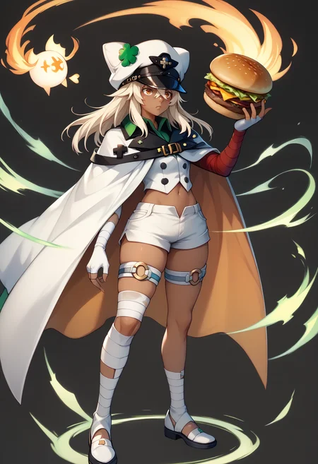 score_9, score_8_up, score_7_up BREAK striveramlethal, dark skin, orange eyes, hat, four-leaf clover, cape, white shirt, white gloves, fingerless gloves, thick thighs, white shorts, thigh strap, bandages, bandaged arm, bandaged leg, midriff, fehspc, full body, standing, black background,burger magic,energy,aura<lora:feh-style-richy-v1_pdxl:1>  <lora:guiltygear_strive_ramlethal_ponyXL:0.8>