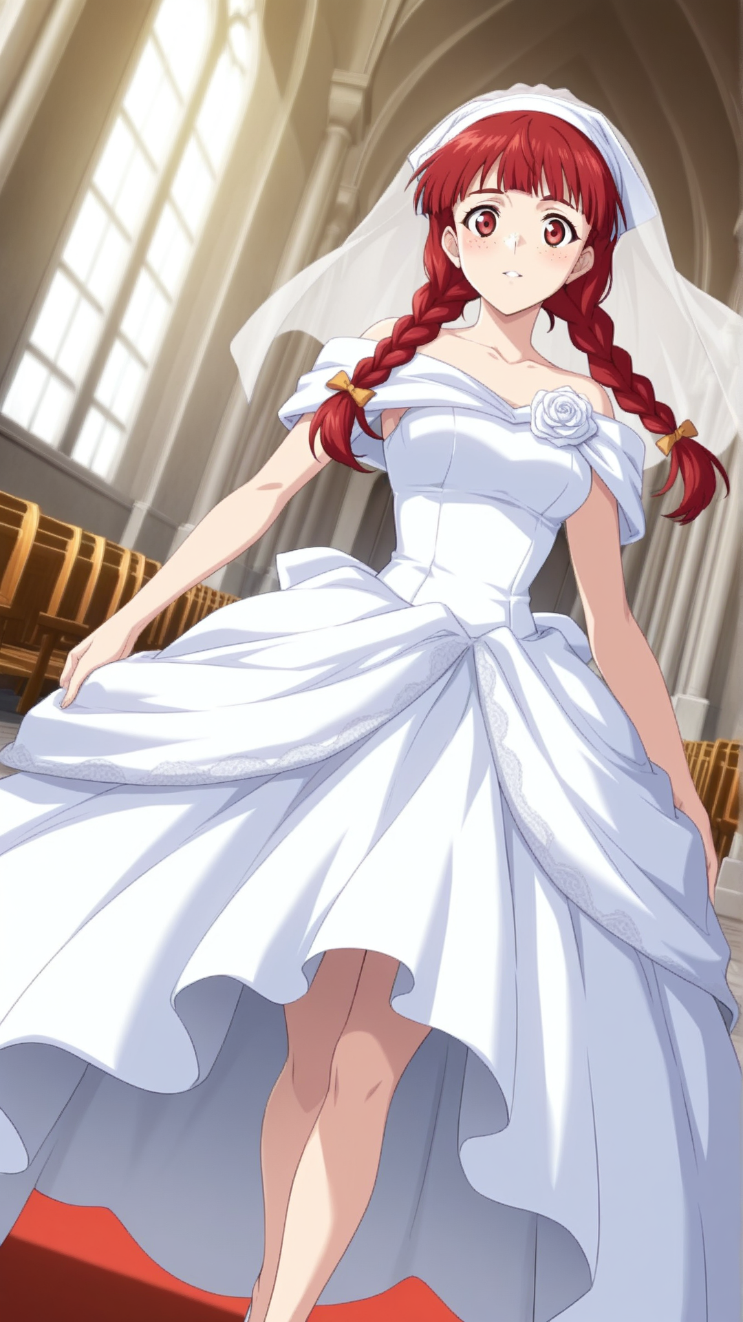 source_anime, general, best quality, masterpiece, 1girl,  <lora:Rosalie_Serue_ill_v1.0:1> rosalie_serue\(srw\), red eyes , red hair, freckles, twin braids, bandana, wedding dress,chapel, dutch angle, dynamic pose,