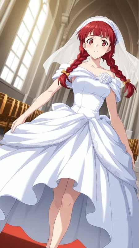 source_anime, general, best quality, masterpiece, 1girl, <lora:Rosalie_Serue_ill_v1.0:1> rosalie_serue\(srw\), red eyes , red hair, freckles, twin braids, bandana, wedding dress,chapel, dutch angle, dynamic pose,