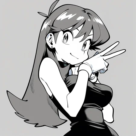 masterpiece, best quality, amazing quality, greyscale, monochrome, black and white, BREAK bluepokespe, long hair, 1girl, light smile, solo, sleeveless dress, black dress, white gloves, v, earrings, upper body, medium breasts, <lora:Blue:1> <lora:PokemonAdventuresNoobLocon_byKonan:1>