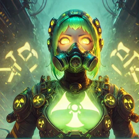 score_9, score_8_up, score_7_up,
<lora:nuclearhazard_Pony:0.8>nuclearhazard,
girl,solo,,see-trought clothes,glowing eyes,short glowing bright green hair,front view,simetric,eye focus,gasmask on mouth
