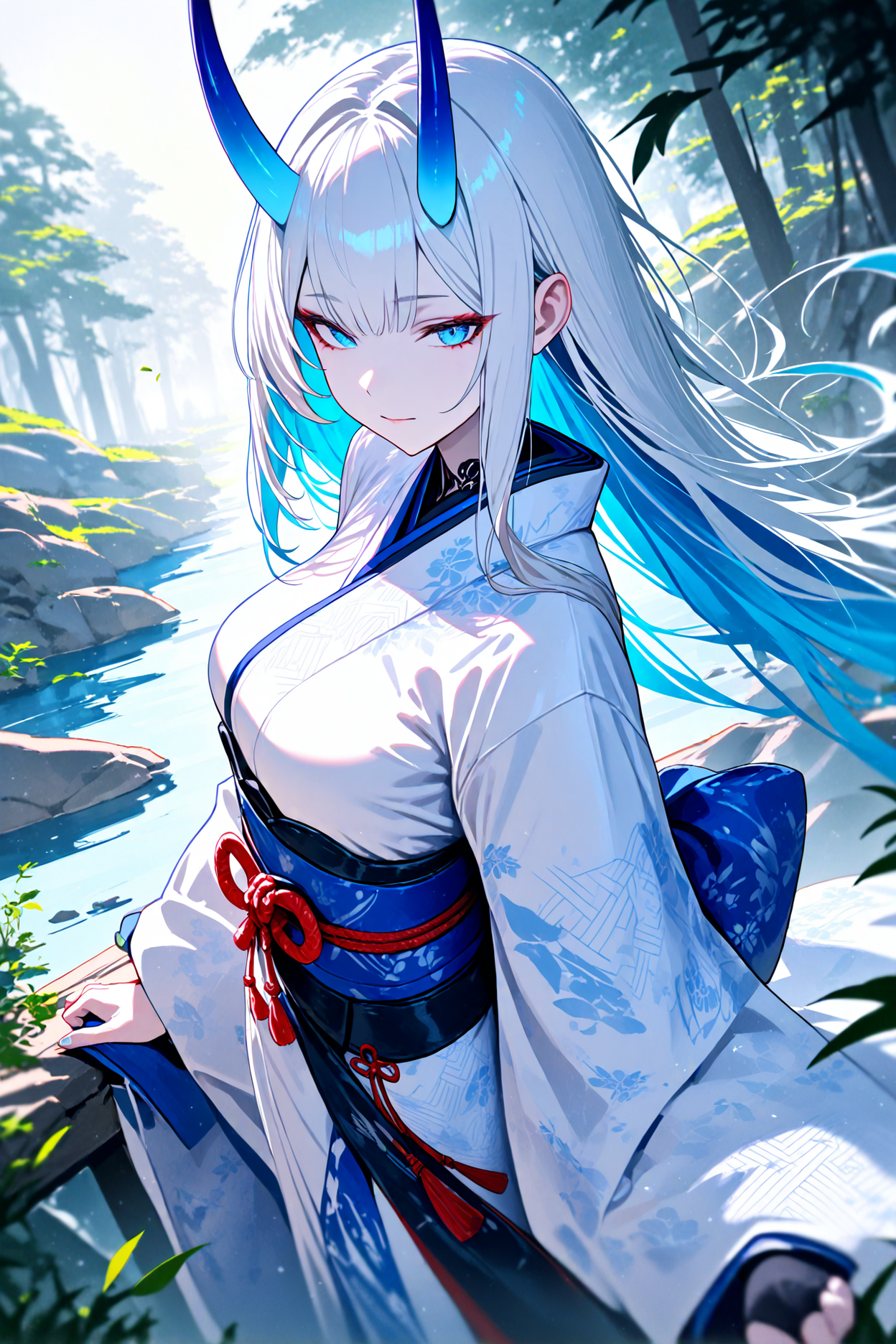 1girl, high-angle view, white oni, white kimono, blue accents, traditional clothing, long hair, horns, blue eyes, pale skin, nature, masterpiece, high score, great score, absurdres