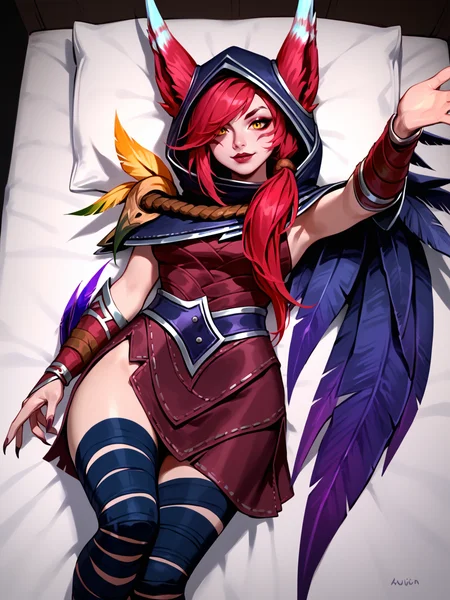 score_9, score_8_up, score_7_up, XayahNormal, 1girl, solo, red animal ears, facial marks, yellow eyes, red long hair, vambraces, feather cloak, red leather dress, hood, bandages on legs, bird legs, girl is reaching towards viewer for incoming hug, outstretched hands, lying on back, on bed, from above <lora:XayahNormal:1>