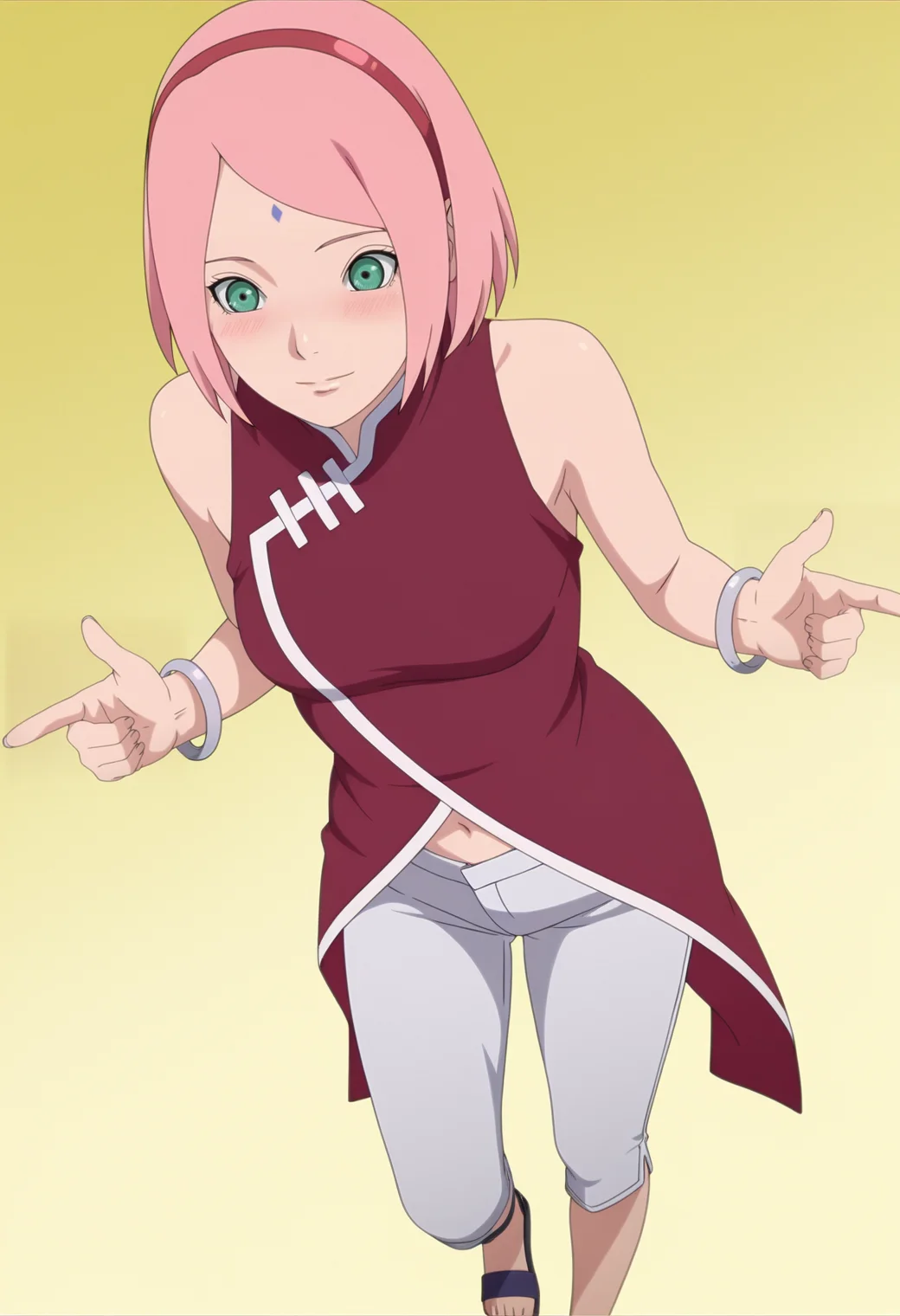 masterpiece, best quality, amazing quality, anime coloring, anime screencap, 1girl, solo, <lora:DX888Sakura:1>haruno sakura, pink hair, green eyes, forehead mark, bob cut, hairband, sleeveless dress, red dress, navel, bracelet, capri pants, sandals, light smile, blush, BREAK dynamic pose, from above, double finger gun,, gradient background, yellow background