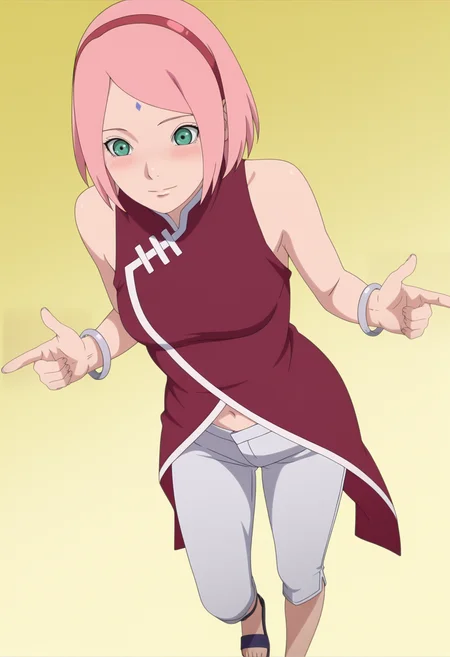 masterpiece, best quality, amazing quality, anime coloring, anime screencap, 1girl, solo, <lora:DX888Sakura:1>haruno sakura, pink hair, green eyes, forehead mark, bob cut, hairband, sleeveless dress, red dress, navel, bracelet, capri pants, sandals, light smile, blush, BREAK dynamic pose, from above, double finger gun,, gradient background, yellow background