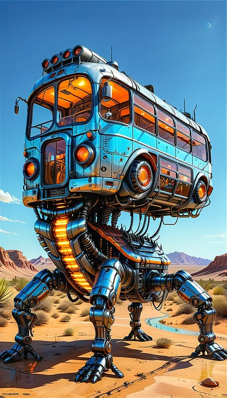 (cel-shading:2)+, (in ARTIST style:1.6), (masterpiece:1.7), glow blue neon, hyperrealism, glossy, shinny, clear image, accurate picture, clear picture, precise image, focused image, Science fiction style, Science fiction, 
(mechanical centipede bus on mechanical legs), solo, outdoors, night, neon, glowing neon, sky, cloud, desert, mechanical centipede bus on mechanical legs focus, scenery, black paint,
gray paint, orange paint,
(ultra sharp focus:2),
<lora:Apparatus_-_Traction_City_Walkers_Vehicles:0.8>