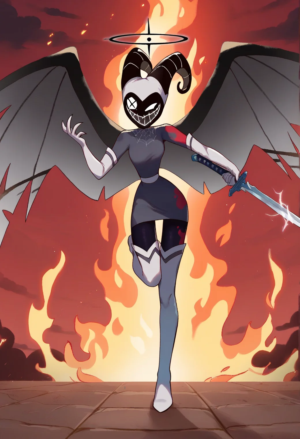 1girl, <lora:lute_hazbin_hotel_ponyxl_v1:0.9>, lute, holding sword, hands up, evil smile, open mouth, attack, imminent attack, fire, fiery background, red sky, dark clouds, foot up, blood on clothes, solo, full body, standing on one leg, looking at viewer, wings, horned mask, masked, elbow gloves, grey dress, white sash, black pantyhose, thigh boots, black halo, holding weapon, spider web print, cross-shaped eye,
BREAK
score_9, score_8_up, score_7_up