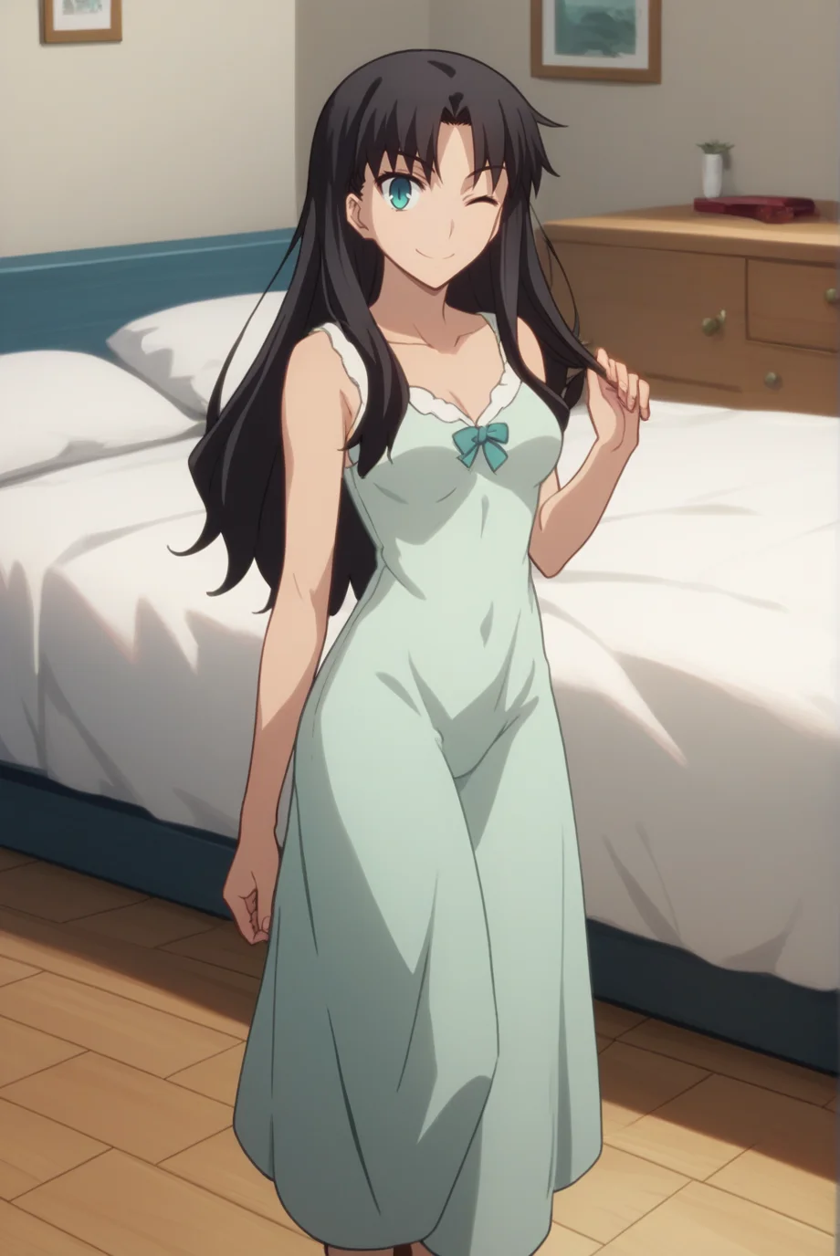 score_9, score_8_up, score_7_up, score_6_up, score_5_up, score_4_up, BREAK source_anime, 1girl,
<lora:TohsakaRinXL-v1-04:0.7>, ChopioTohsakaRin, black hair, long hair, parted bangs, aqua eyes, looking at viewer,
(thick thighs:0.7), medium breasts,
hair down,
outfit_3, light green nightgown, ruffles, long dress,
bedroom, wooden floor, bed, standing, one eye closed, smile,