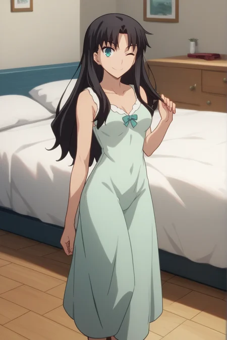 score_9, score_8_up, score_7_up, score_6_up, score_5_up, score_4_up, BREAK source_anime, 1girl,
<lora:TohsakaRinXL-v1-04:0.7>, ChopioTohsakaRin, black hair, long hair, parted bangs, aqua eyes, looking at viewer,
(thick thighs:0.7), medium breasts,
hair down, 
outfit_3, light green nightgown, ruffles, long dress,
bedroom, wooden floor, bed, standing, one eye closed, smile,