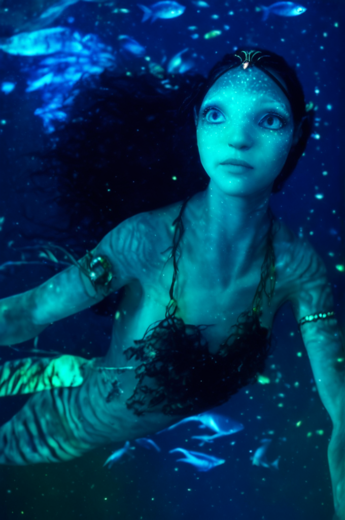 (Tsireya woman) swimming underwater with bioluminescent creatures under a mirrored ocean surface, fish-eye lens, dark [deep sea black] and, the snapshot aesthetic, Brandon Woelfel, multiple filter effect, mirror, <lora:Tsireya_epoch_8:1> <lora:detailed_notrigger:1>