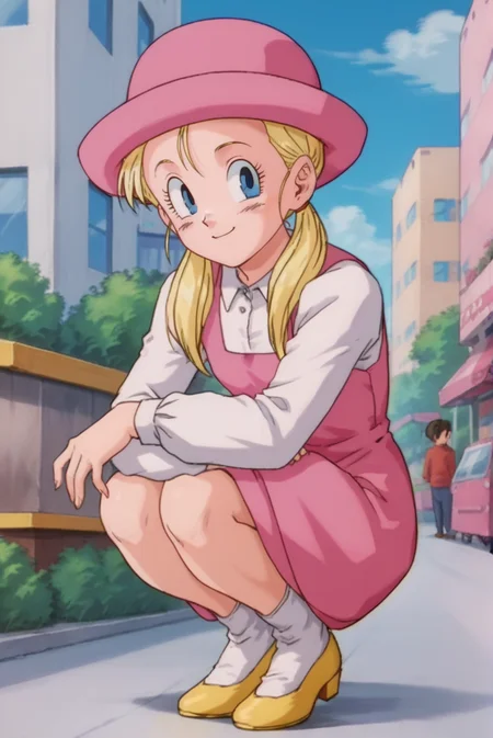 score_9, score_8_up, score_7_up, score_6_up, score_5_up, score_4_up, BREAK source_anime, 1girl, solo,
<lora:HarronXL-v1-07:0.7>, ChopioHarron, long hair, blue eyes, blonde hair, twintails, hair tie, hair over shoulders, looking at viewer,
retro artstyle,
outfit_1, pink dress, sleeveless dress, collared shirt, long sleeves, pink headwear, hat, white socks, yellow footwear,
shops, outdoors, squatting, smile, sunny, blue sky,
