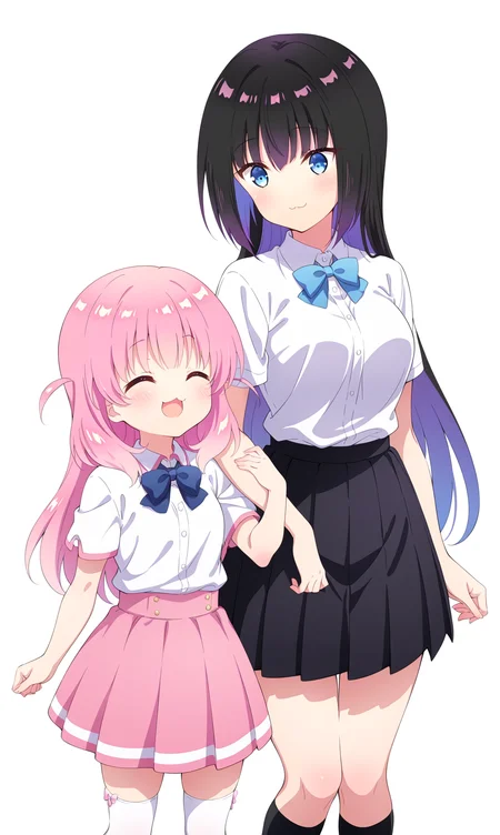 masterpiece, best quality, zzhaizakura, zzKarasuba, siblings, multiple girls, 2girls, skirt, school uniform, small breasts, multcolored hair, medium breasts, long hair, smile, thighhighs, pink hair, closed eyes, :3, long very hair, purple hair, shirt, blush, kneehighs, black hair, white background, bow, simple background, white shirt, upper body, pleated skirt, open mouth, short sleeves, blue bow, bowtie, blue eyes, yuri, bangs, collared shirt, arm hug, :d, ^ ^, closed mouth, height difference, blue bowtie, dress shirt, age difference, standing, holding another's arm, shirt tucked in, black skirt, locked arms,