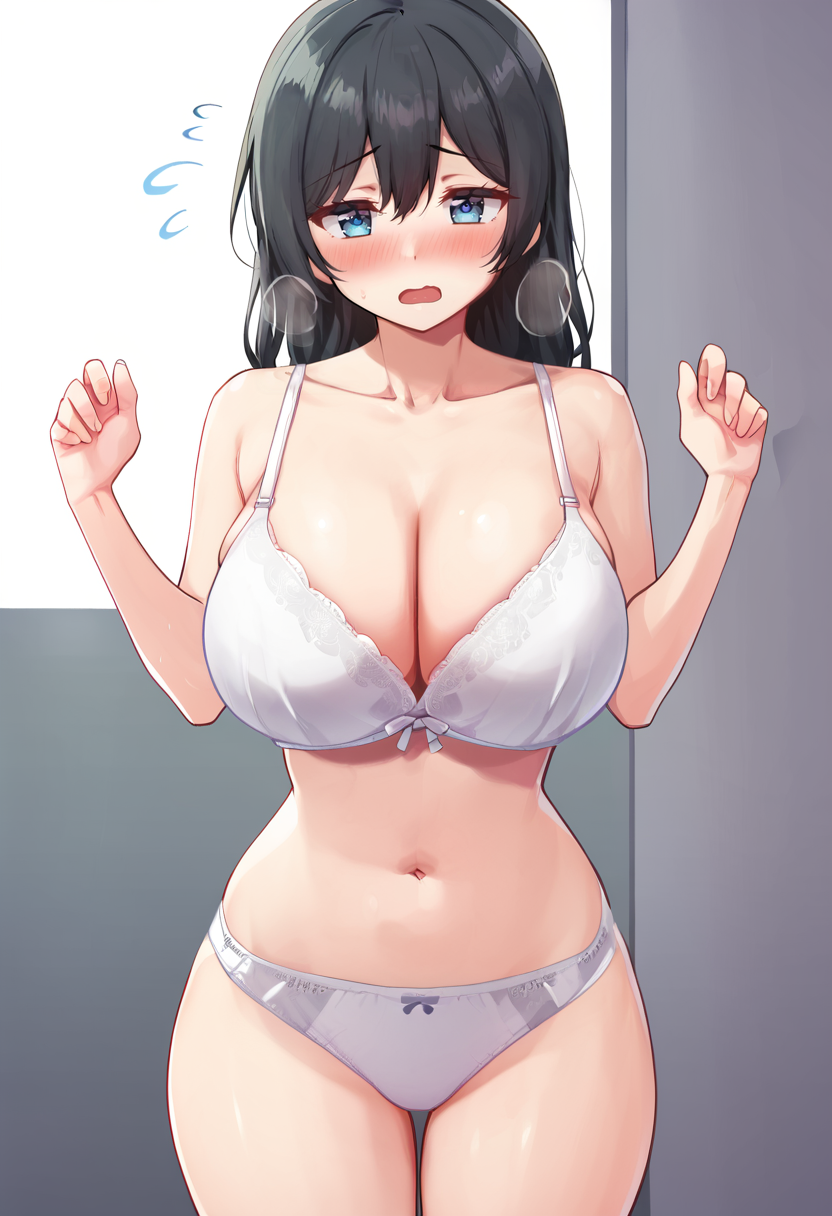 score_9, score_7_up,  1girl, 
solo, huge breasts, wide hips, thick thighs, standing, blush, open mouth, navel, cowboy shot, underwear, bra, long hair, groin, hair between eyes, flying sweatdrops, white bra, alternate costume, hands up, nose blush, sidelocks, curvy, blue eyes, looking at viewer, collarbone, thighs, black hair, white panties, breasts, panties, cleavage, bare arms
 <lora:deadnoodles-Style-PonyXL-GLoRA-000049:1>