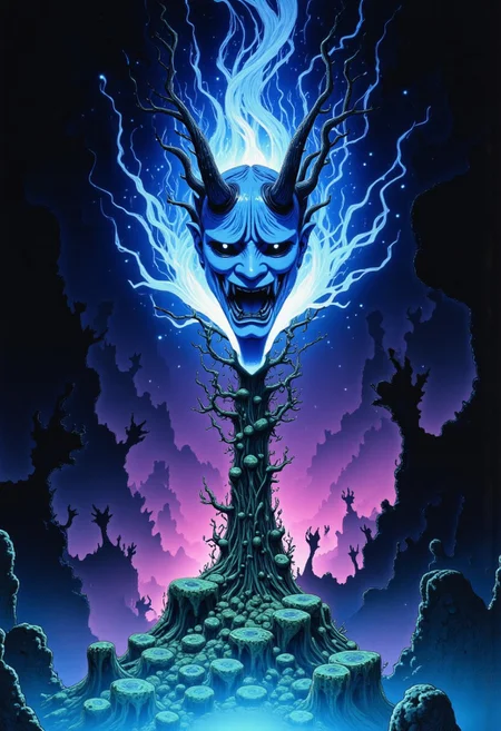 Studio Ghibli Dark Fairytale depicting a cursed hannya mask with horns and fangs blooming out of a blue lotus in a liminal bonsai garden with eerie radiating cyan and magenta miasma