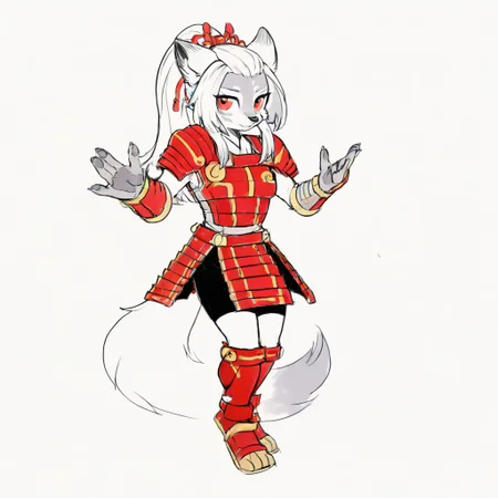 H4kur0,1girl,solo,furry,furry female,wolf girl,white hair,long sidelocks,bangs pinned back,ponytail,red eyes,snout,animal nose,body fur,two-tone fur,grey fur,white fur,wolf tail, red shoulder armor, red breastplate, white shirt, red armored gloves, black shorts, red armored skirt, red armored knee boots,