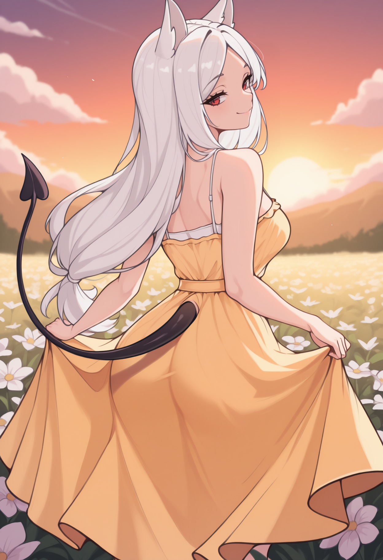 masterpiece, best quality, newest, from behind, solo, 1girl, cerb3rus, black tail, demon tail, smile, looking back, skirt hold, long hair, white hair, parted bangs, animal ears, red eyes, yellow sundress, spaghetti strap, bare shoulders, outdoors, sunset, cloud, flower field
<segment:yolo-face_yolov8m.pt,0.4,0.5//cid=1>