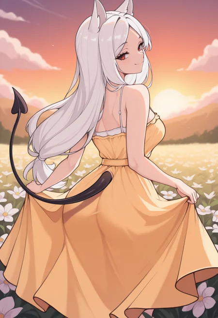 masterpiece, best quality, newest, from behind, solo, 1girl, cerb3rus, black tail, demon tail, smile, looking back, skirt hold, long hair, white hair, parted bangs, animal ears, red eyes, yellow sundress, spaghetti strap, bare shoulders, outdoors, sunset, cloud, flower field
<segment:yolo-face_yolov8m.pt,0.4,0.5//cid=1>