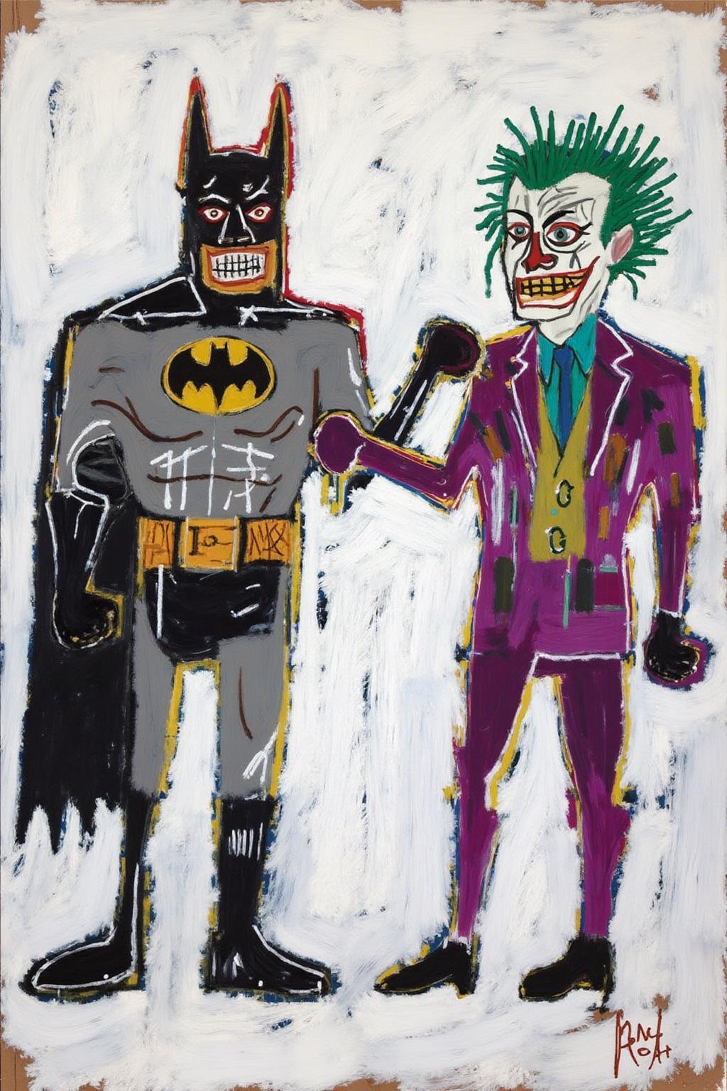 basquiat1 painting.
Batman and Joker boxing. 
 <lora:basquiat1_cap_d6a3e11:1.0><lora:835163954427869705:0>