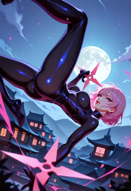 masterpiece, best quality, good quality, very aesthetic, absurdres, newest, 8K, depth of field, focused subject, in the style of cknc, artist:moriimee, in the style of cksc, BREAK asian female assassin, skintight transparent  bodysuit, medium breasts, holding shuriken, long pink hair, dynamic pose, silhouetted in moonlight, light hitting one side of her, outdoors in medieval Japanese village