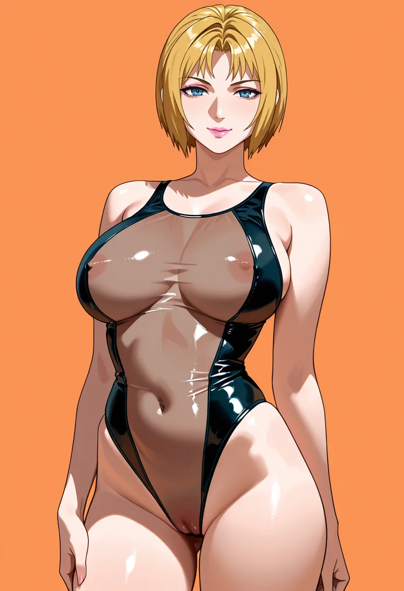 masterpiece, best quality,
1girl, solo,
standing, cowboy shot,
looking at viewer,
<lora:Reika_Kitami:1> R31k4K1t4m1, blonde hair, short hair, large breasts, blue eyes, mature female, lipstick, pink lips, makeup,
one-piece swimsuit, highleg one-piece swimsuit, frilled, skindentation, see-through clothes, covered nipples, covered pussy,
simple background, orange background,