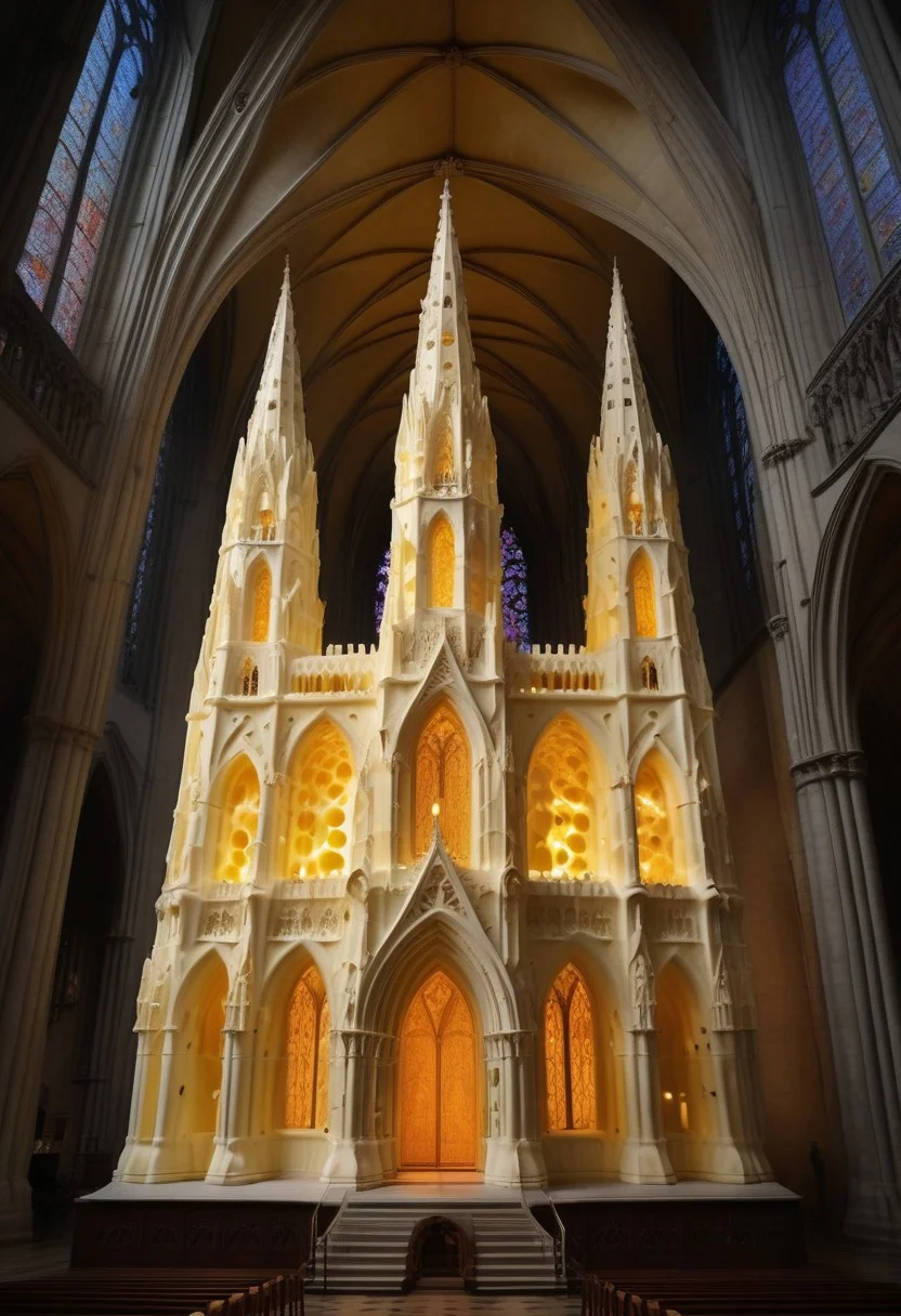 Cheese style, towering gothic cathedral entirely constructed from melted and re-solidified cheese, intricate spires dripping with fondue-like details, stained glass windows glowing with warm buttery hues, cheese gargoyles perched on ledges, fog creeping through the creamy arches, dramatic low-angle perspective, surreal majesty, rich golden lighting, 8k, masterpiece