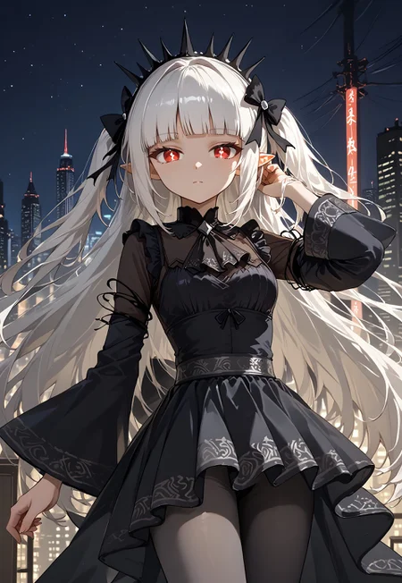1girl, solo, solo focus, highres, absurdres, ABaoAQu, very long hair, black dress, red eyes, blunt bangs, long sleeves, white hair, two side up, black bow, pointy ears, hair bow, pantyhose, wide sleeves, hairband, ascot, crown, tiara, white pupils, goth fashion,

looking at viewer, hand up, adjusting hair, 

cityscape, neon lights, shade, night, night sky, dark, backlighting,