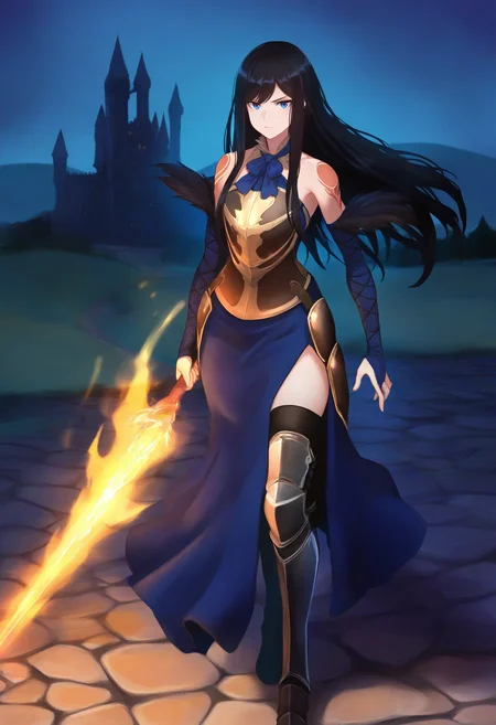 masterpiece, best quality, 1girl, standing, holding sword, serious, looking at viewer, <lora:ShanoaCV-illu:1> shanCV, long hair, black hair, blue eyes, blue dress, bare shoulders, tattoo, blue bowtie, armor, breastplate, bridal gauntlets, feather trim, black thighhighs, greaves, night, castle, cobblestone, hill, flaming weapon