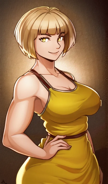 1girl, solo, upper body, short hair, yellow eyes, upper body, detailed face, highly detailed eyes, round pupils, blonde hair, looking at viewer, looking at viewer, wide hips, smile, bangs, ((mature female)), (small breasts), yellow dress, cartoon, realism, ((oil painting)), artstation, soft lighting