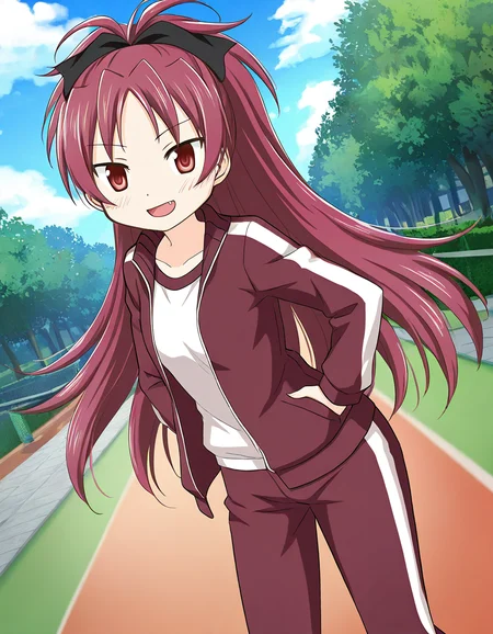 masterpiece, best quality, newest, absurdres, highres, safe, 1girl, sakura kyoko \(gym uniform\), magia record: mahou shoujo madoka magica gaiden, red jacket, red pants, outdoors, dutch angle, <lora:sakura_kyoko_noobaiXLNAIXL_vPred10Version:0.7>