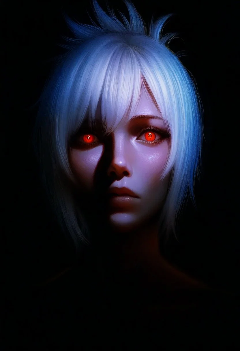 NN_R, riven, human, red eyes, white hair, short hair, folded ponytail, single white mark on left cheek, solo, dark, light, the light illuminates part of the face, masterpiece, best quality, very aesthetic, close up,
horror, realistic, DnD_Grainyboyz, grainy, noise,