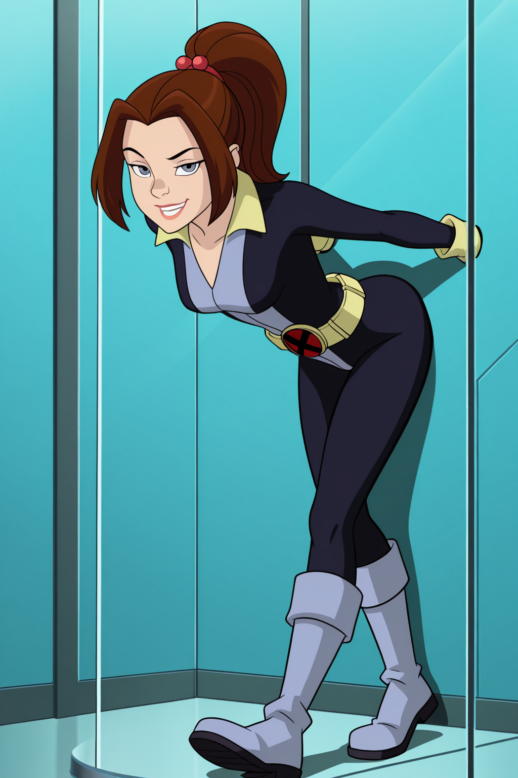 (((official style)), perfect anatomy, perfect eyes, close-up) BREAK <lora:ShadowcatILL:1> 1girl, ponytail, brown hair, blue eyes, naughty face, ((looking at viewer)), hair ornament, bodysuit, gloves, belt, boots, walking through wall, wall-through, dimensionally-shifted, hovering, phasing, intangible female, no-clip, ghostly, semi-transparent female, translucent female, metal room, indoors