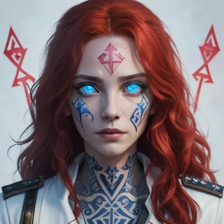 bright red hair, human female, (feminine:1.7), (beautiful face, detailed face:1.6), (beautiful eyes, detailed eyes:1.7), (looking at viewer, eye contact, intense:1.6), (long hair, red hair, curly hair:1.3), , ((masterpiece, best quality, high resolution, realistic, best quality,)), photo realistic, Perfect Face, (detailed face). <lora:GoodHands-vanilla:0.6> <lora:add-detail-xl:0.8>, mage, (Dress White military uniform coat), dagger, rune dagger, glowing runes, , (((glowing magic symbols tattoos, religious tattoos))), ((face tattoos)), glowing tattoos, stone tower in the background